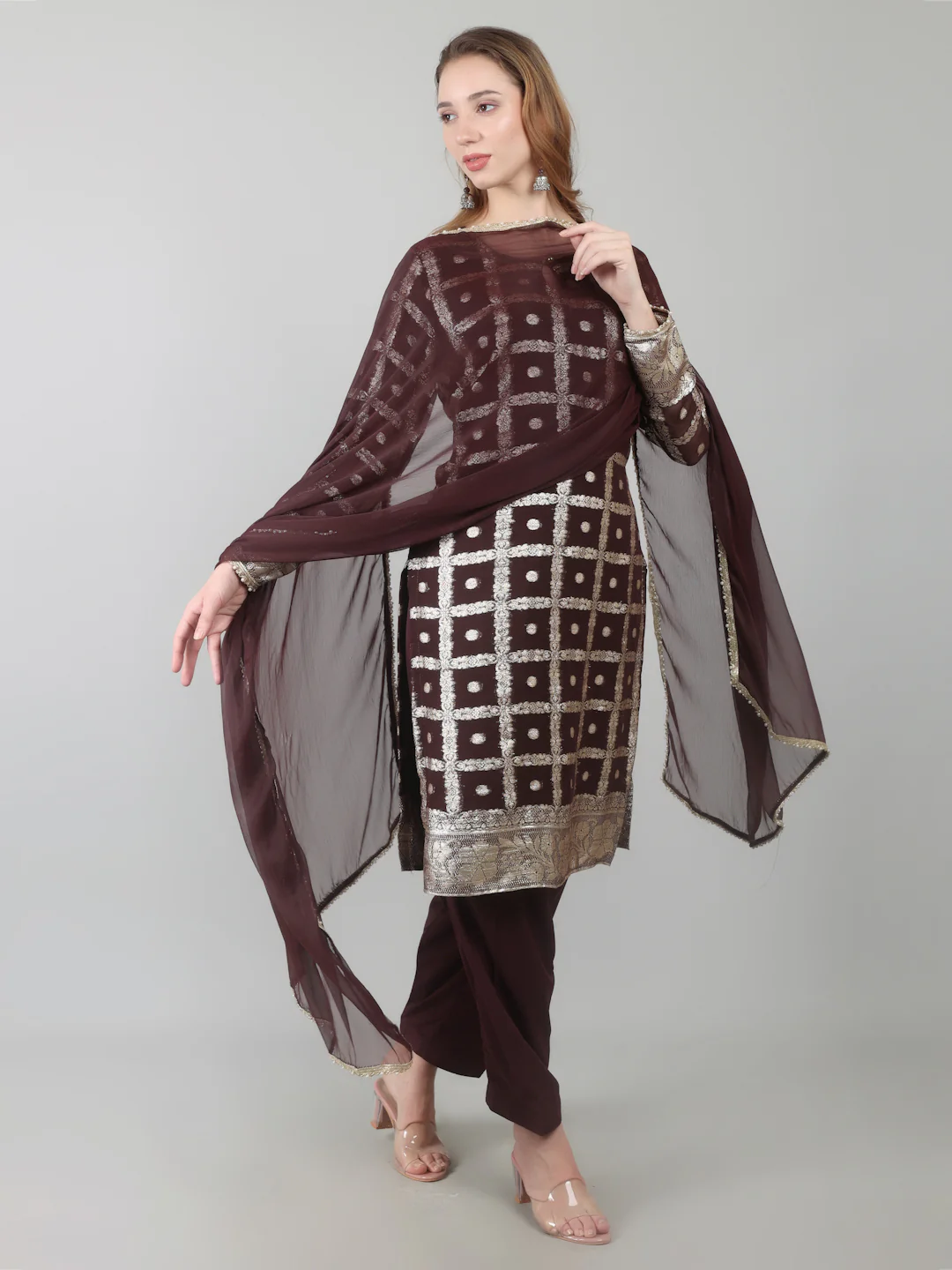 Brown Colour Georgette Jacquard Suit Set - Image 7