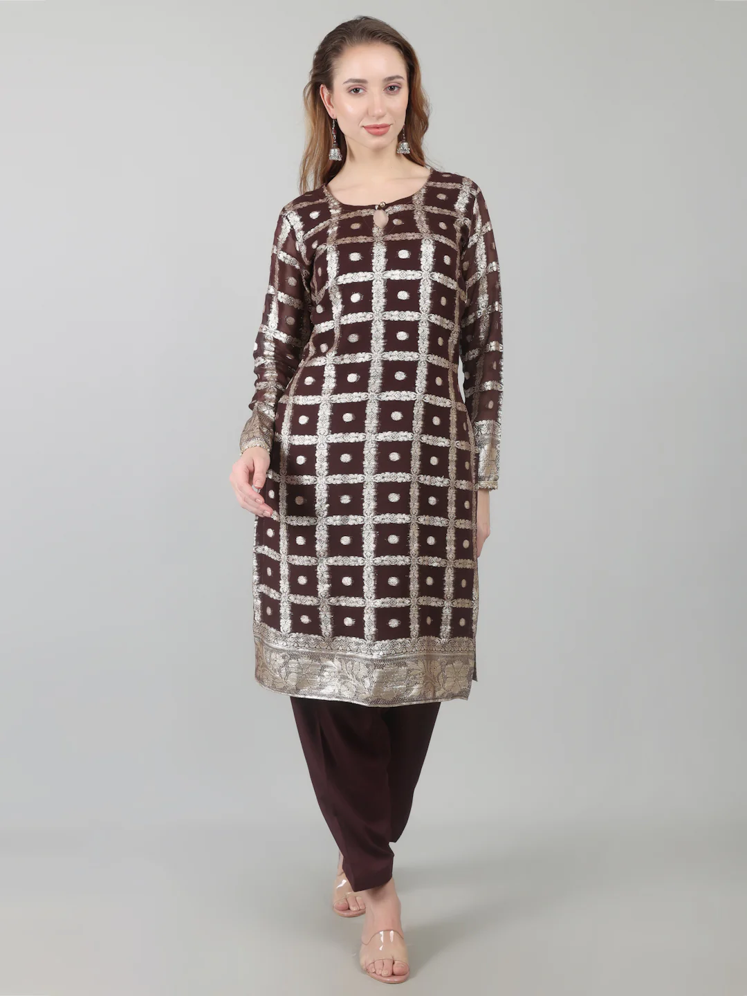 Brown Colour Georgette Jacquard Suit Set - Image 8