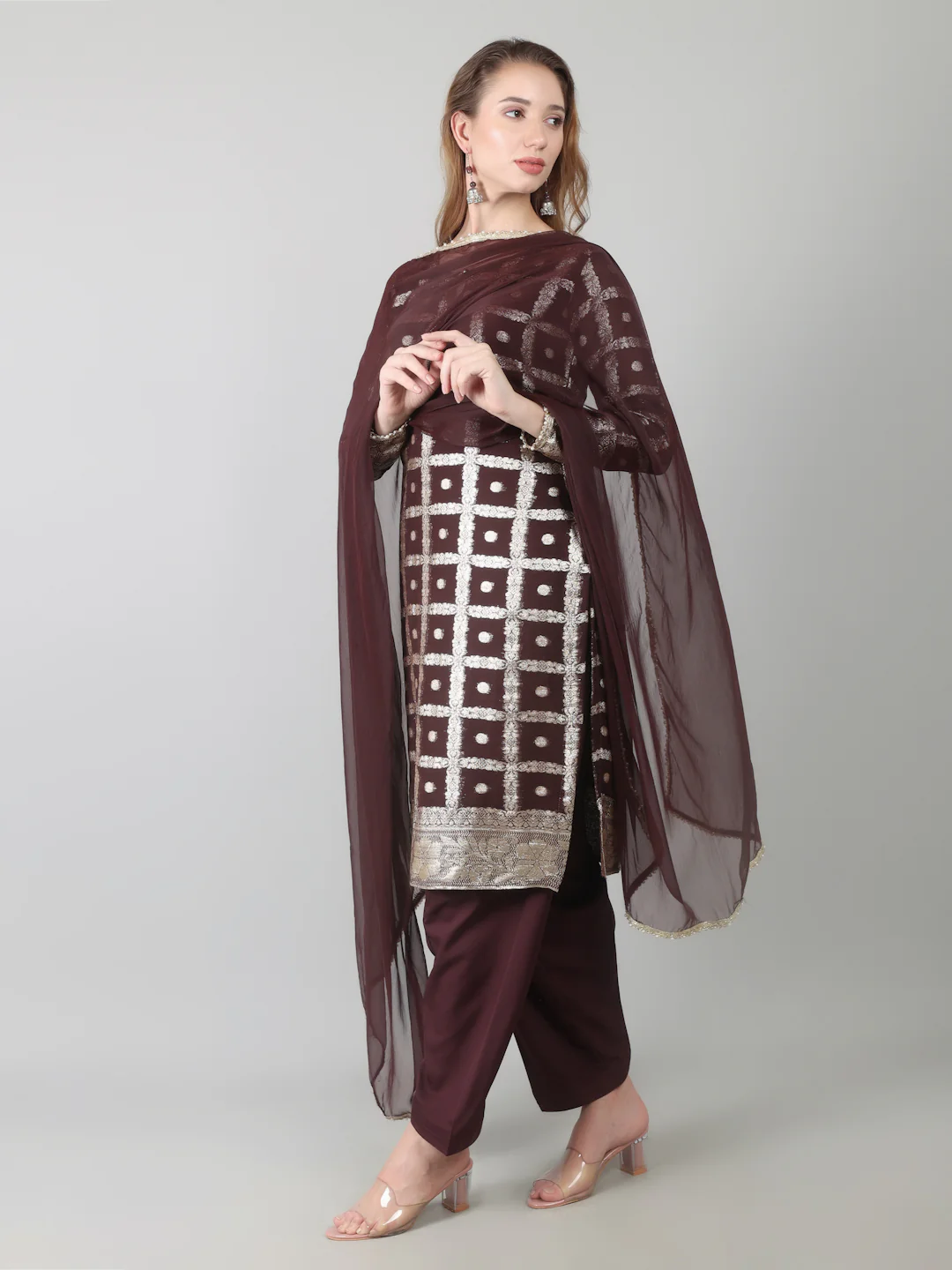 Brown Colour Georgette Jacquard Suit Set - Image 9