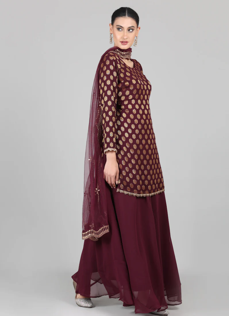 Wine georgette Jacquard Lehenga Set - Image 6