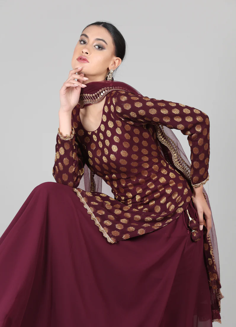 Wine georgette Jacquard Lehenga Set - Image 7