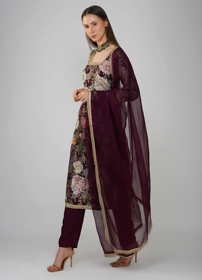 Wine Georgette Jacquard Shift Style Suit Set - Image 3