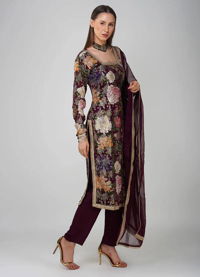 Wine Georgette Jacquard Shift Style Suit Set - Image 4