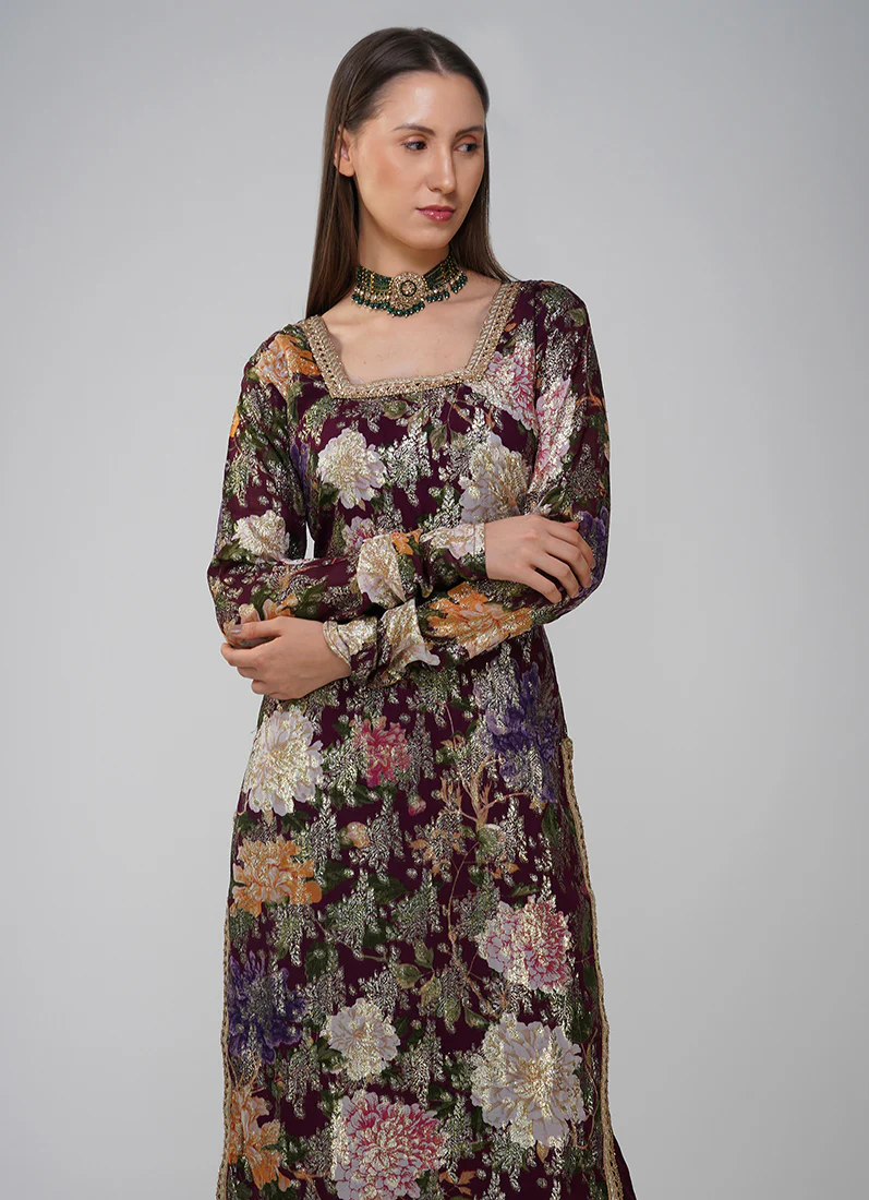 Wine Georgette Jacquard Shift Style Suit Set - Image 5