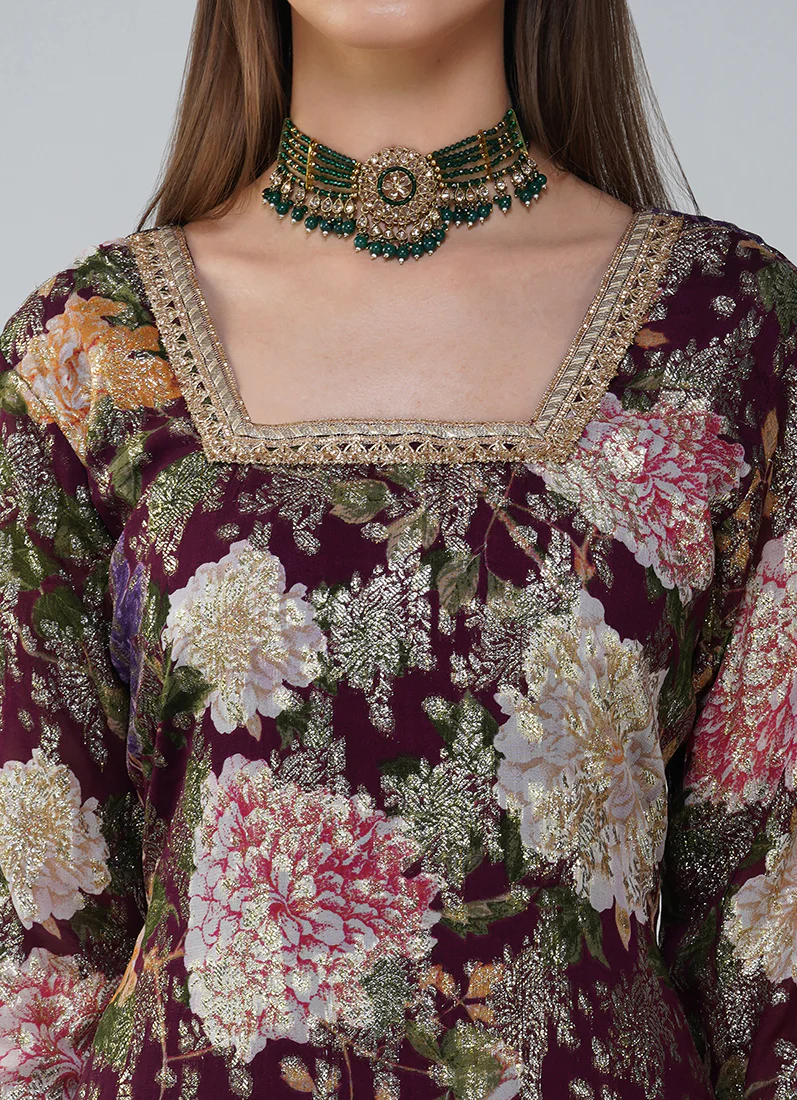 Wine Georgette Jacquard Shift Style Suit Set - Image 6