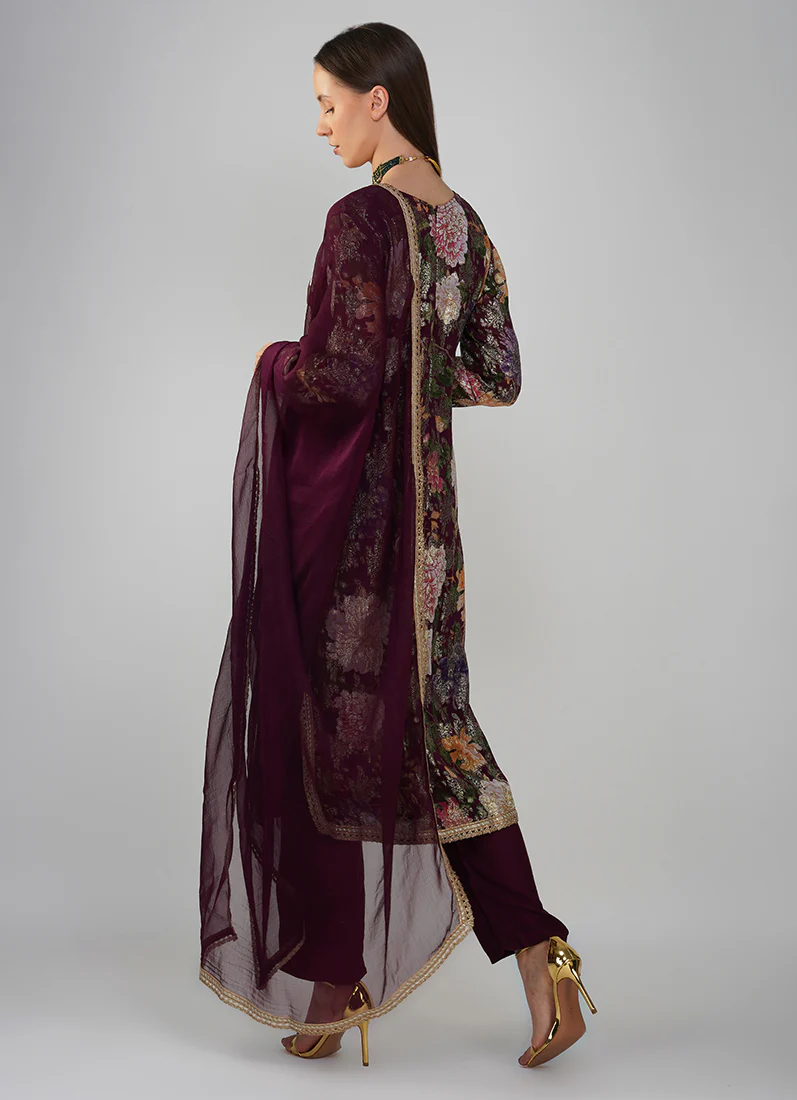 Wine Georgette Jacquard Shift Style Suit Set - Image 7