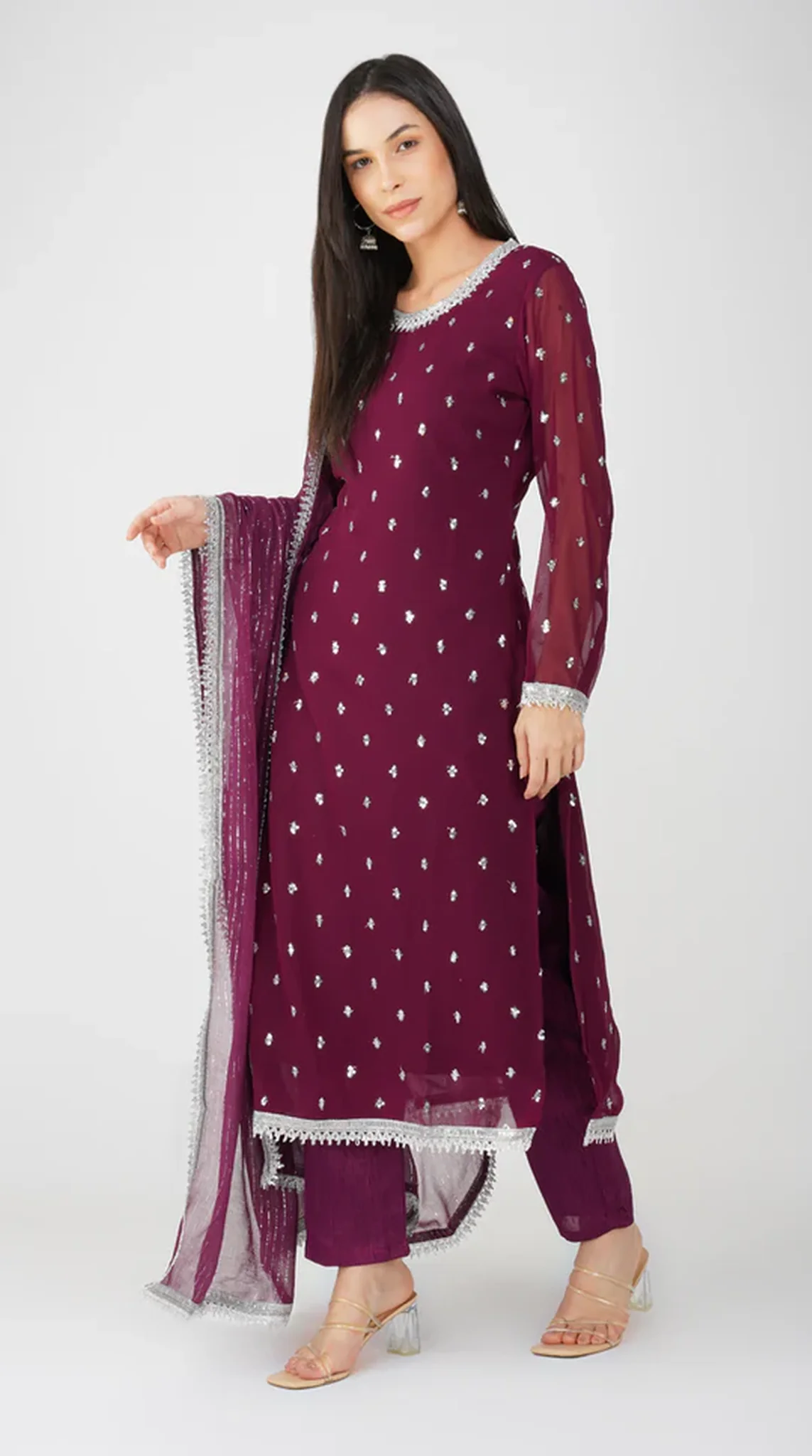 Wine Georgette Jacquard Straight Cut Suit Set - Image 2