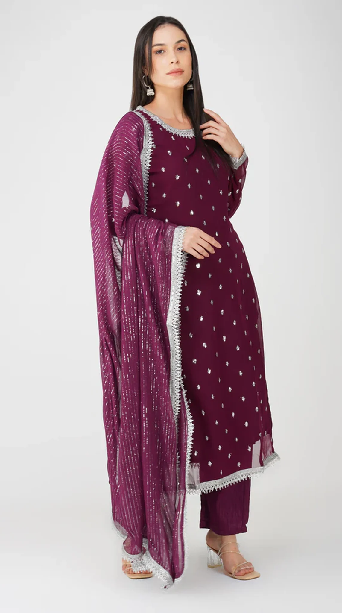 Wine Georgette Jacquard Straight Cut Suit Set - Image 3