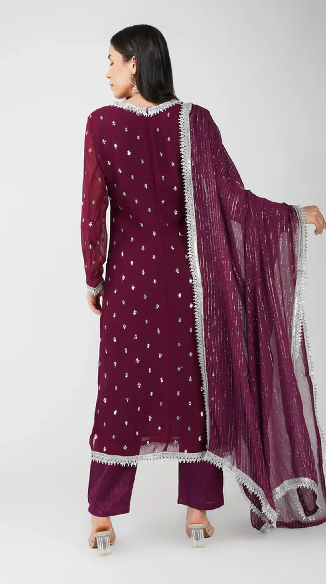 Wine Georgette Jacquard Straight Cut Suit Set - Image 4