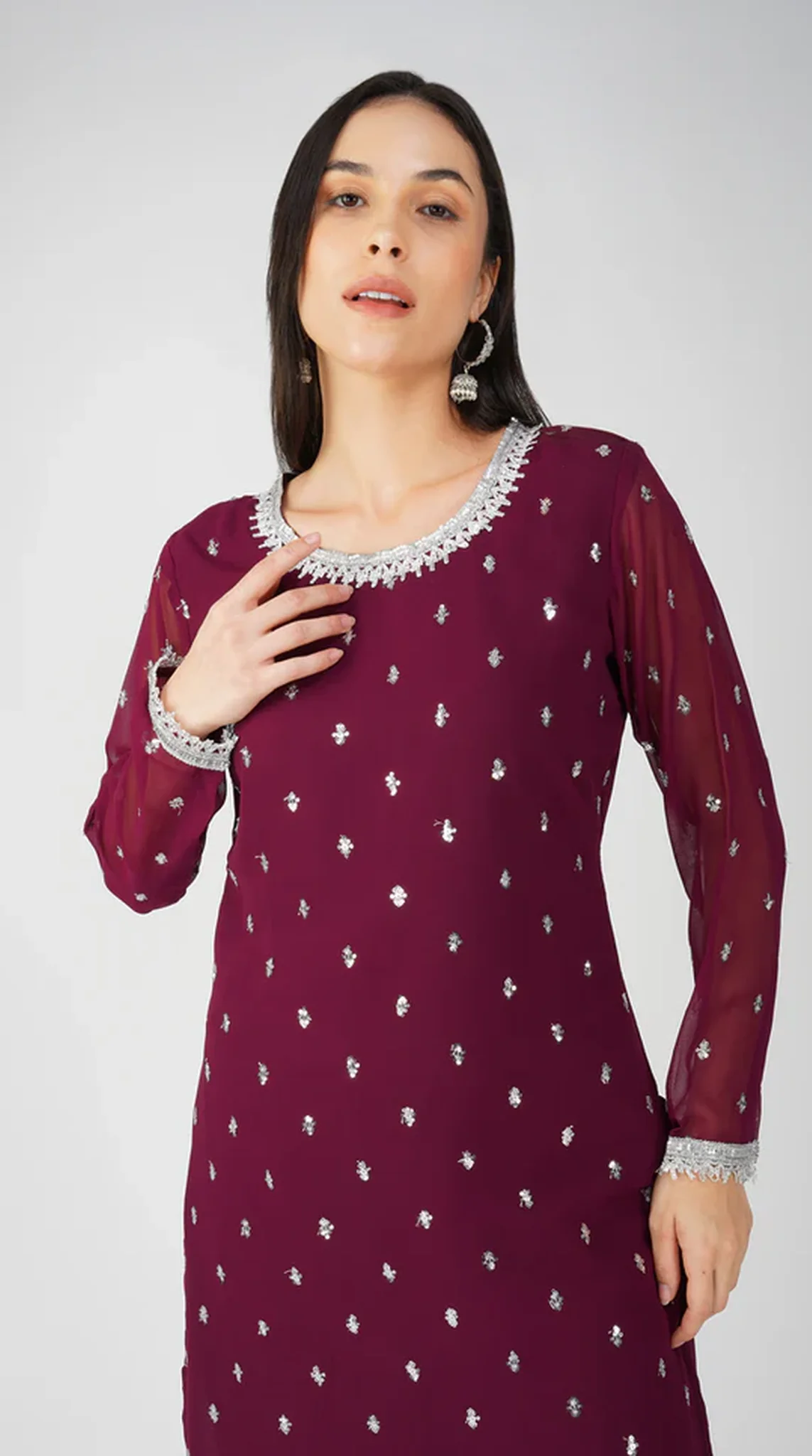 Wine Georgette Jacquard Straight Cut Suit Set - Image 6