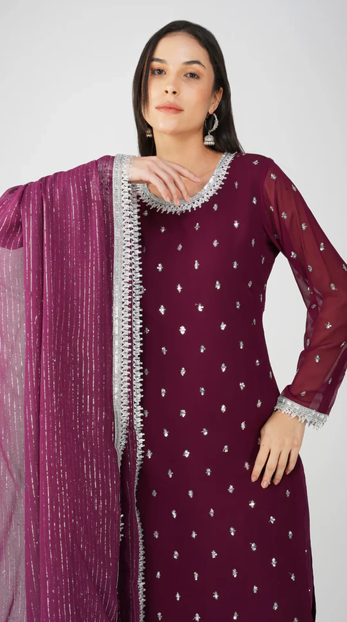 Wine Georgette Jacquard Straight Cut Suit Set - Image 7