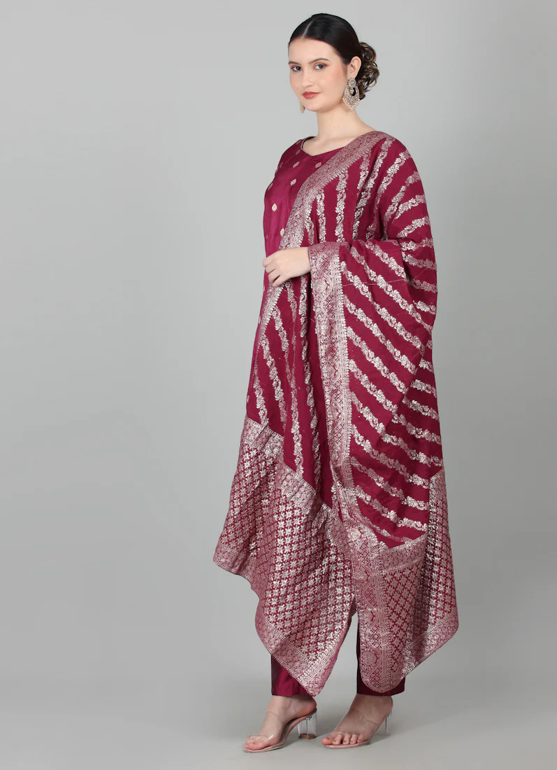 Wine Georgette Jacquard Suit Set - Image 2