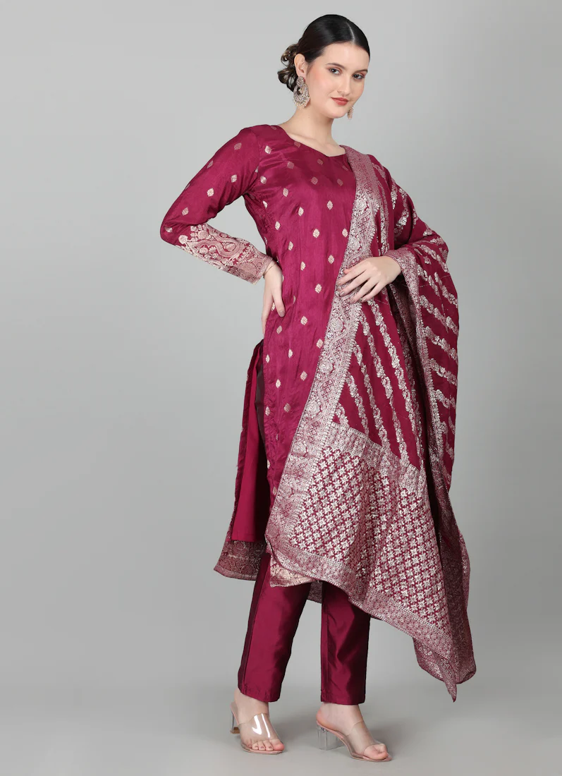 Wine Georgette Jacquard Suit Set - Image 3