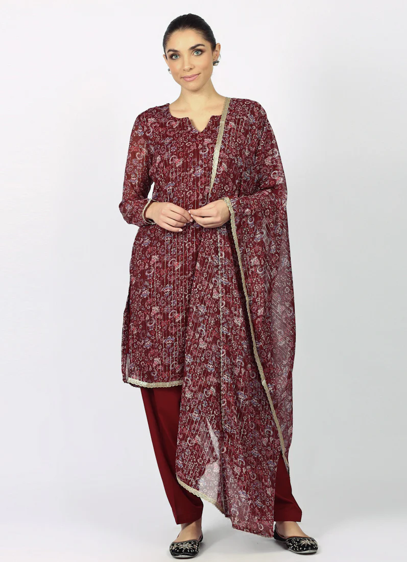 Wine Georgette Lurex Shift Suit Set - Image 2