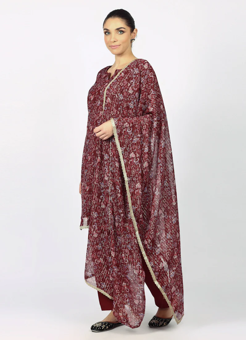 Wine Georgette Lurex Shift Suit Set - Image 3