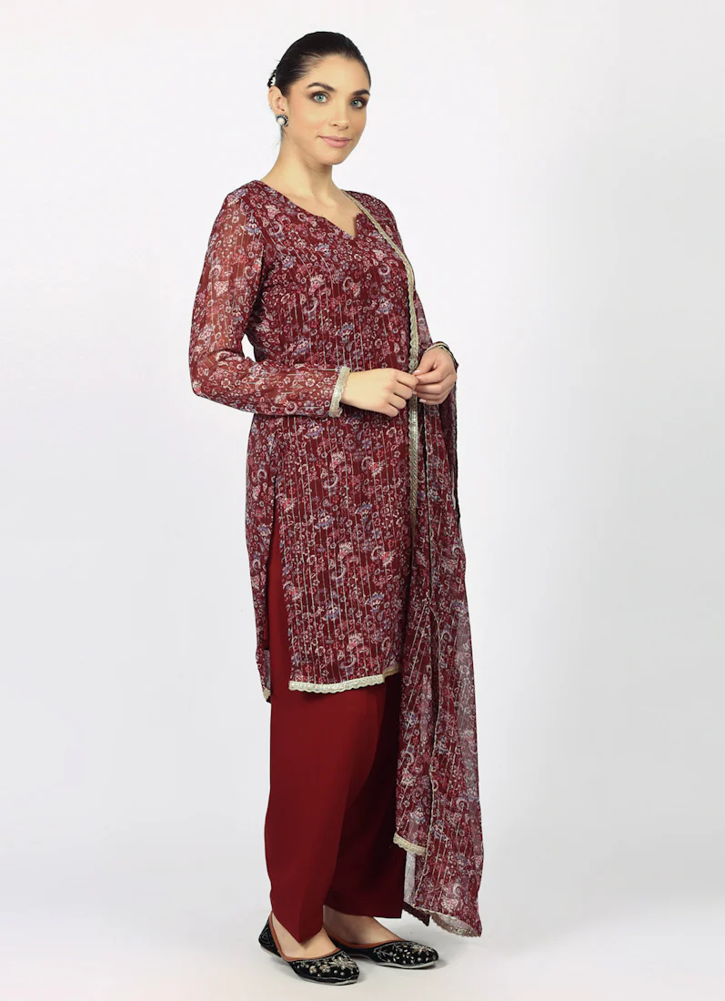 Wine Georgette Lurex Shift Suit Set - Image 4