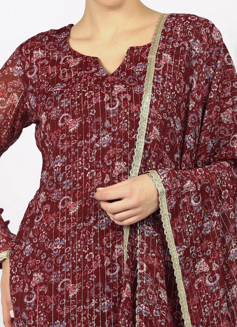 Wine Georgette Lurex Shift Suit Set - Image 5