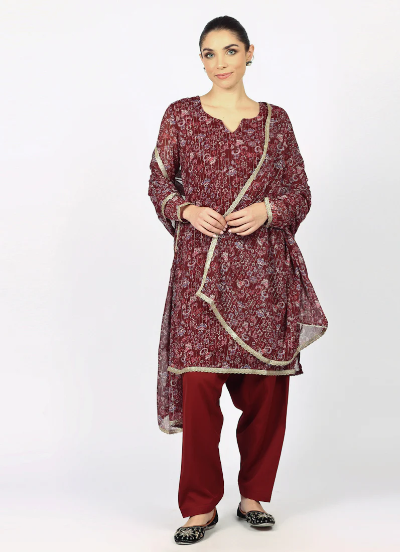 Wine Georgette Lurex Shift Suit Set - Image 7