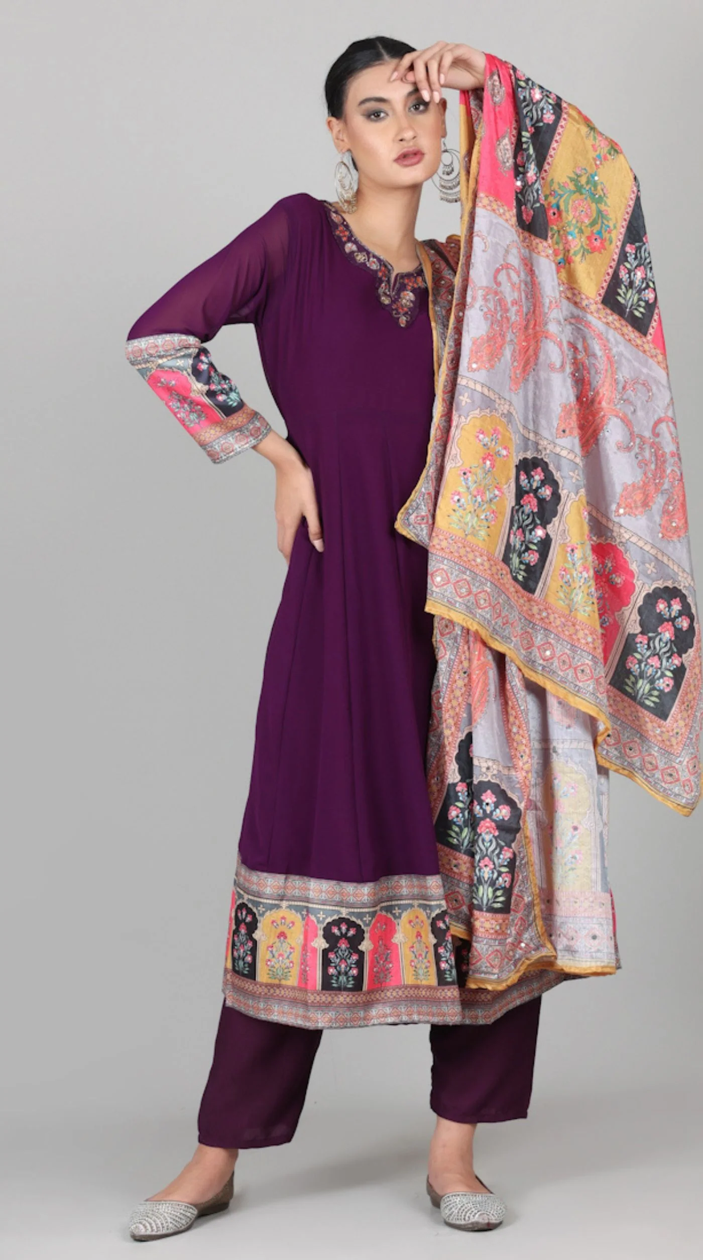Wine Georgette Multicolour Printed Dupatta Suit Set - Image 2
