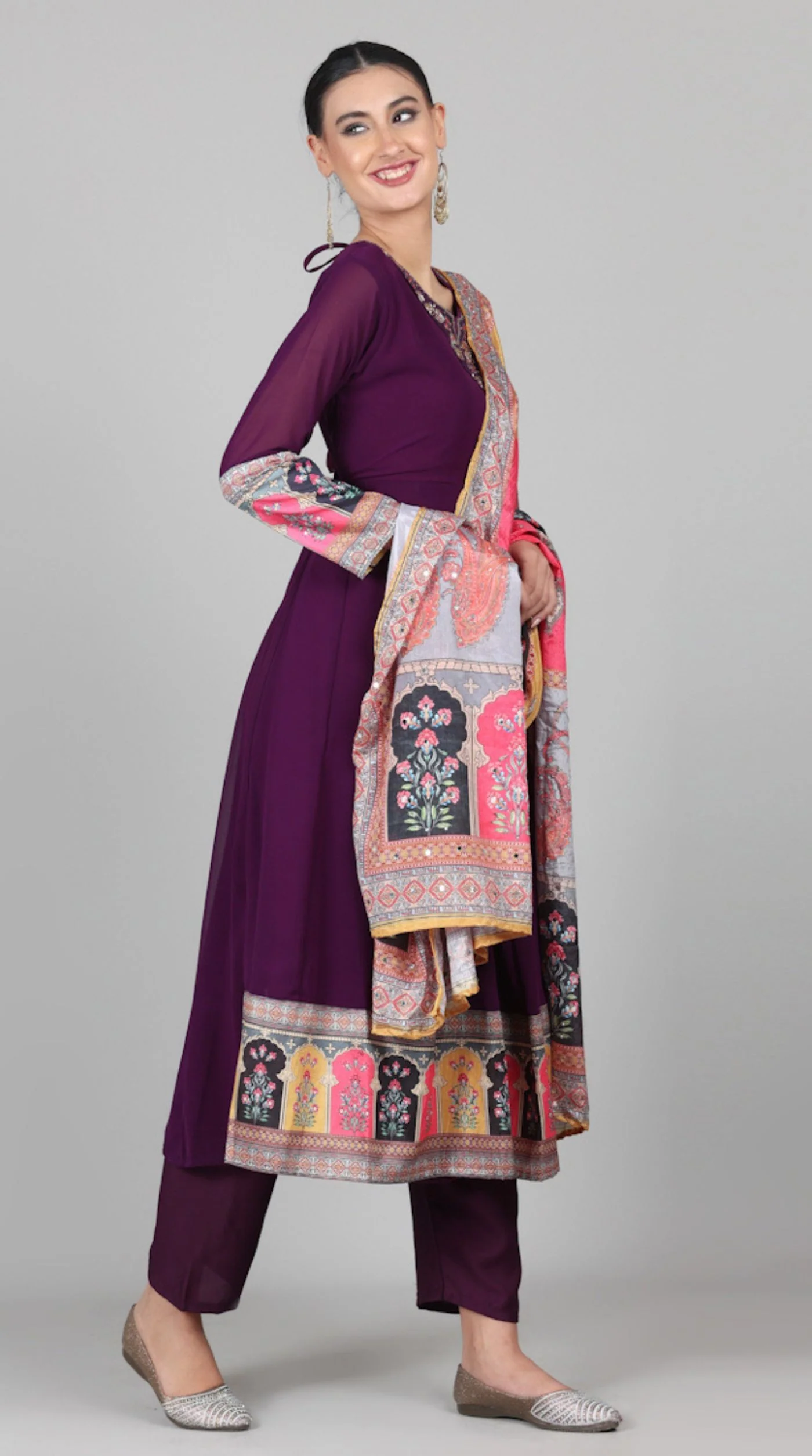 Wine Georgette Multicolour Printed Dupatta Suit Set - Image 4