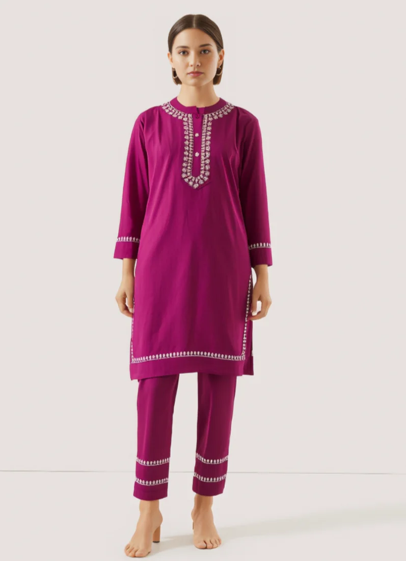 Wine Linen Embroidered Co-ord Set - Image 2