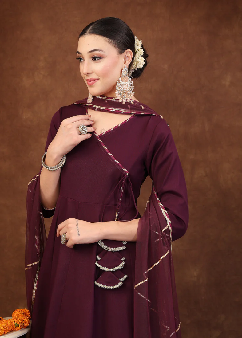 Wine Moss Crepe Bias Cut Suit Set - Image 3