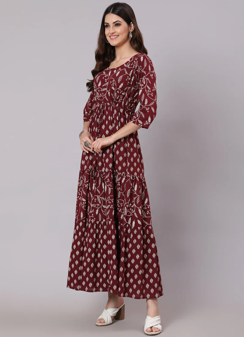 Wine Printed Bias Cut Dress - Image 2