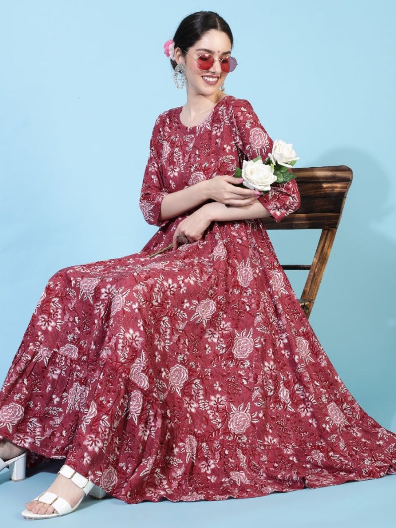 Wine Rayon Bias Cut Tier Dress - Image 3