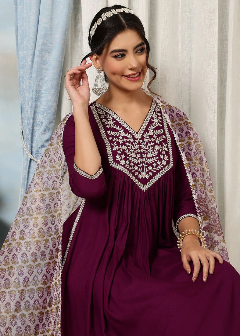 Wine Rayon Naira Cut Suit Set - Image 3