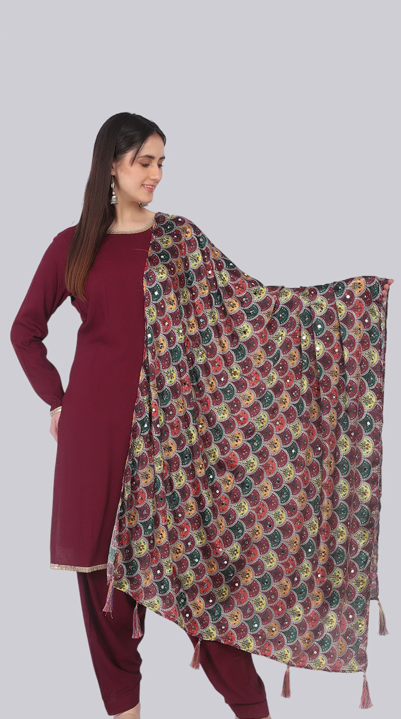 Wine Rayon Shift Suit Set with Multicolour Dupatta - Image 2