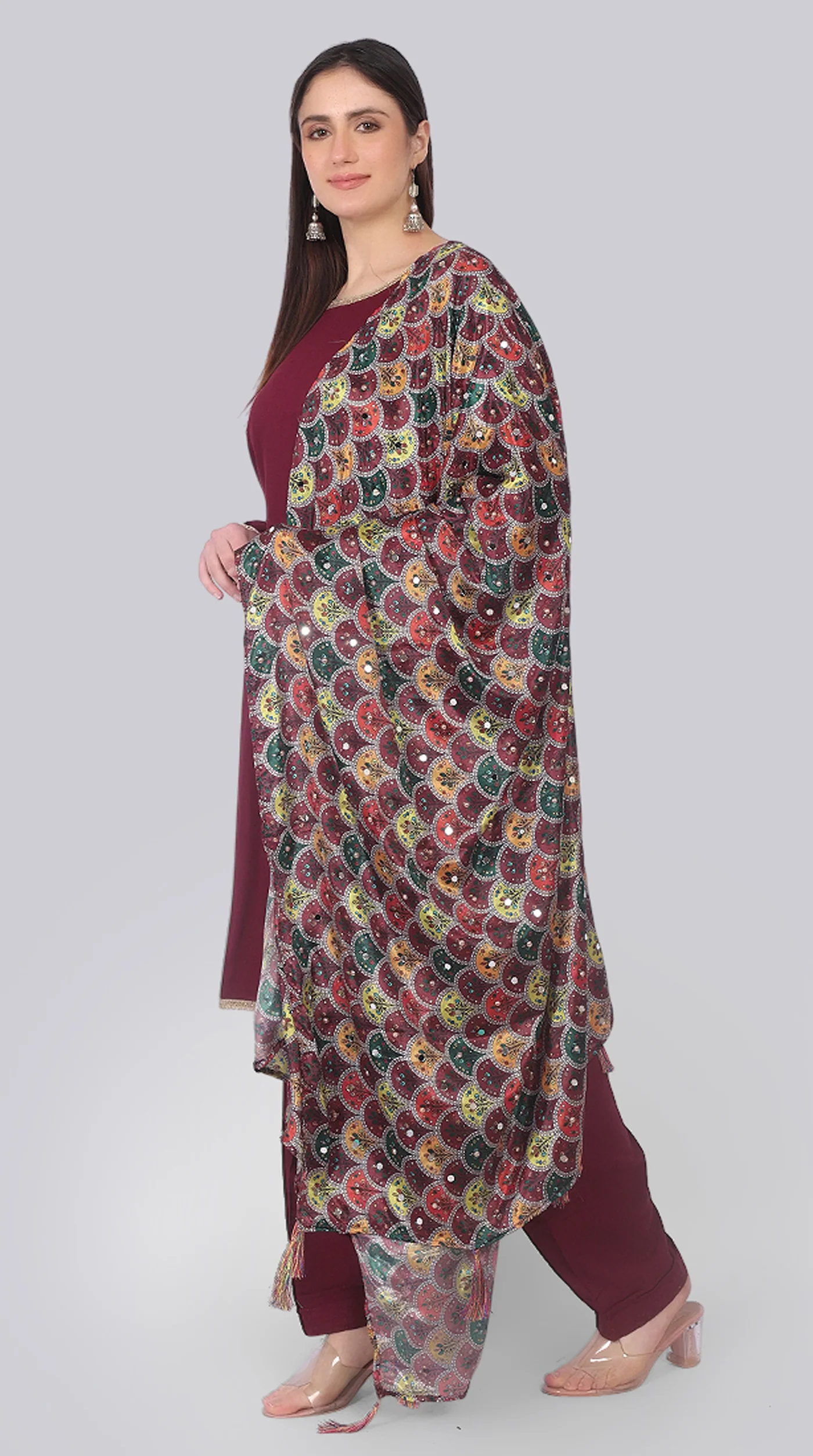 Wine Rayon Shift Suit Set with Multicolour Dupatta - Image 3
