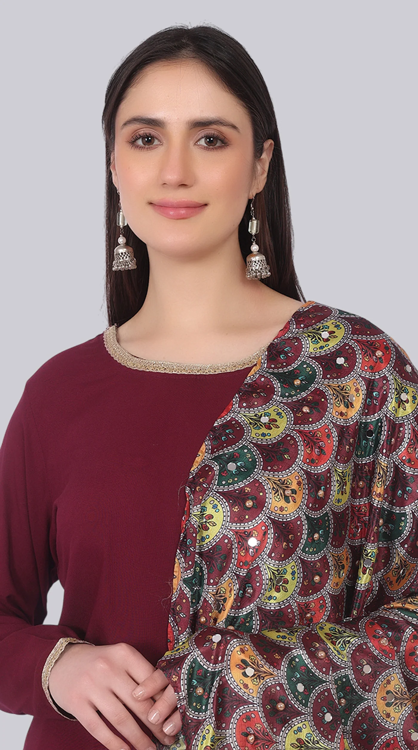 Wine Rayon Shift Suit Set with Multicolour Dupatta - Image 4