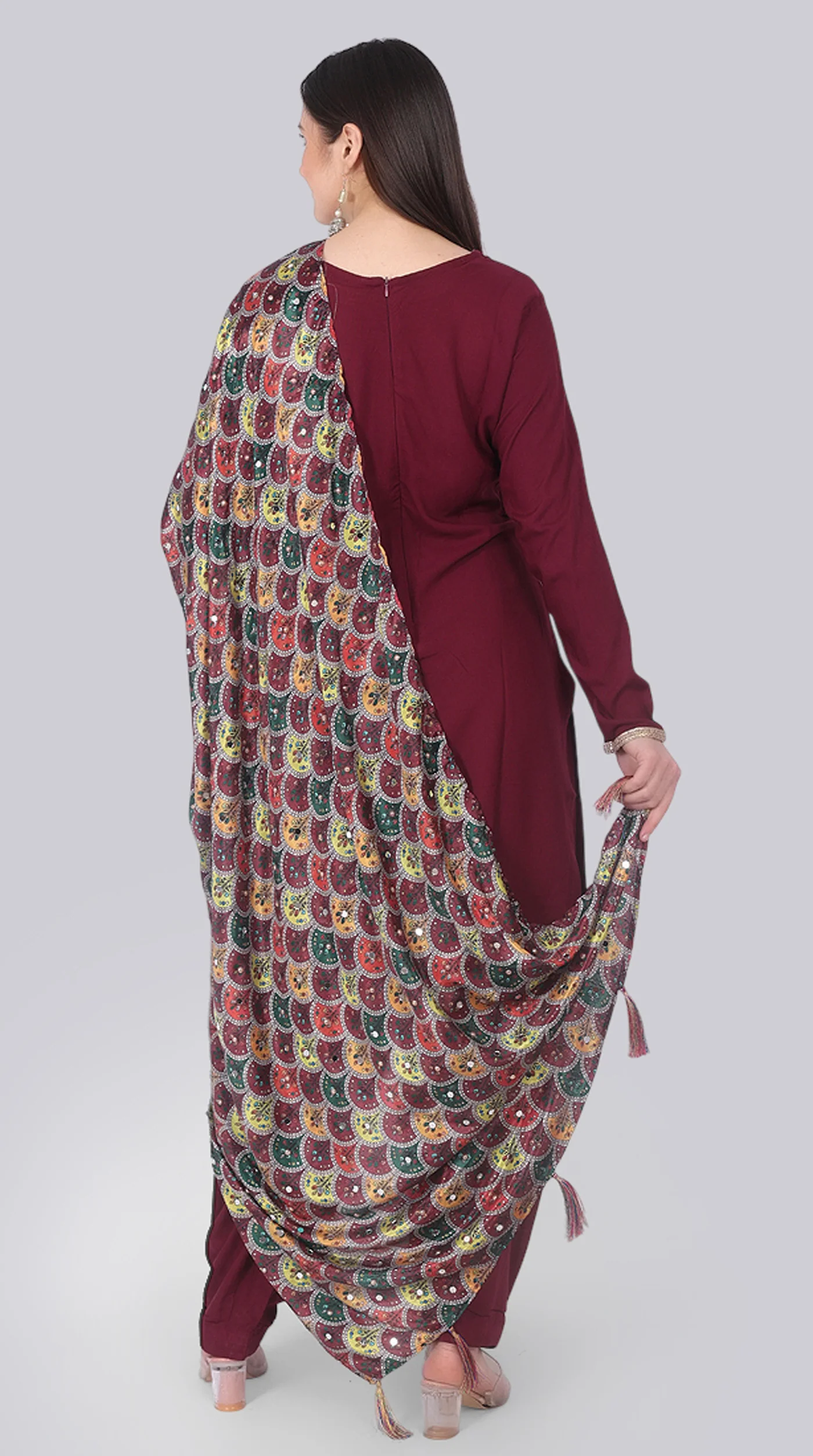 Wine Rayon Shift Suit Set with Multicolour Dupatta - Image 6