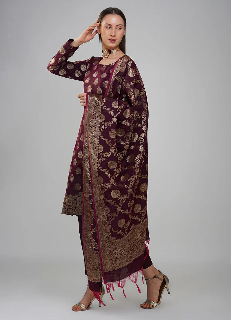 Wine Silk Jacqaurd Suit Set - Image 3