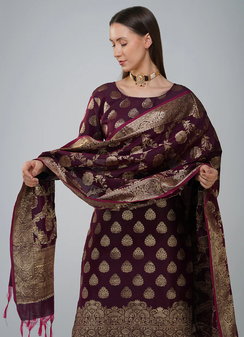 Wine Silk Jacqaurd Suit Set - Image 4