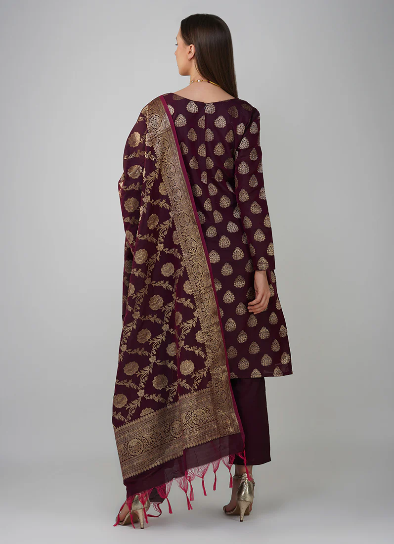 Wine Silk Jacqaurd Suit Set - Image 5