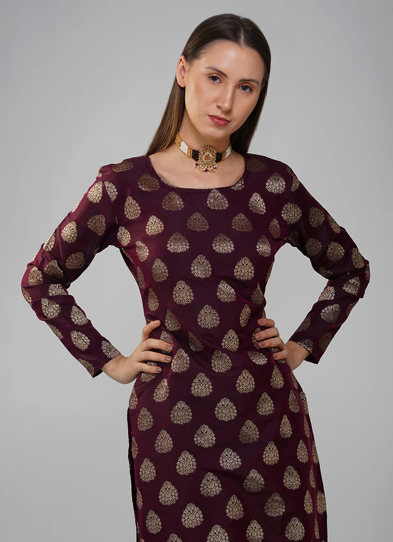 Wine Silk Jacqaurd Suit Set - Image 6