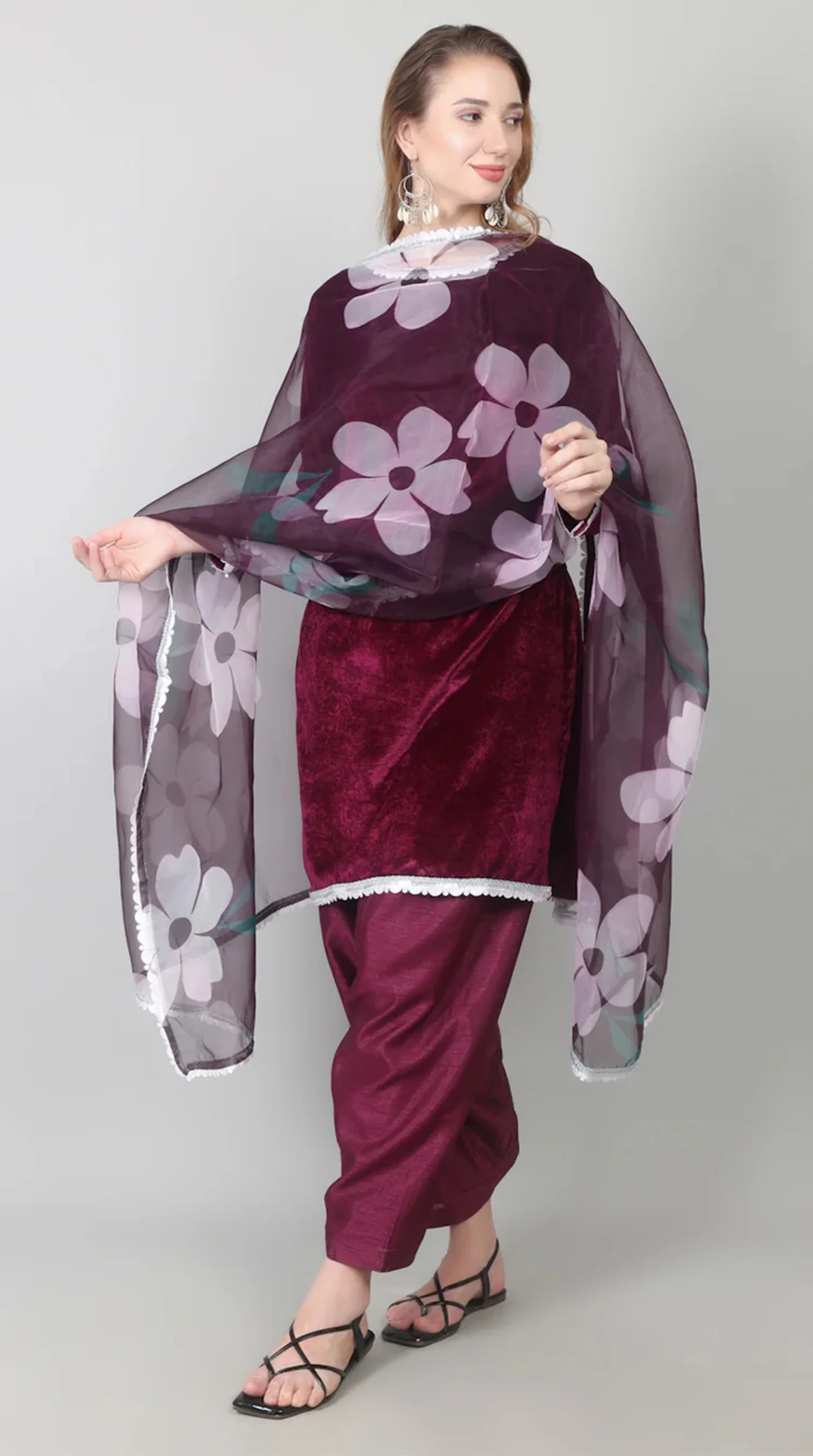 Wine Velvet Printed Dupatta Suit Set - Image 2