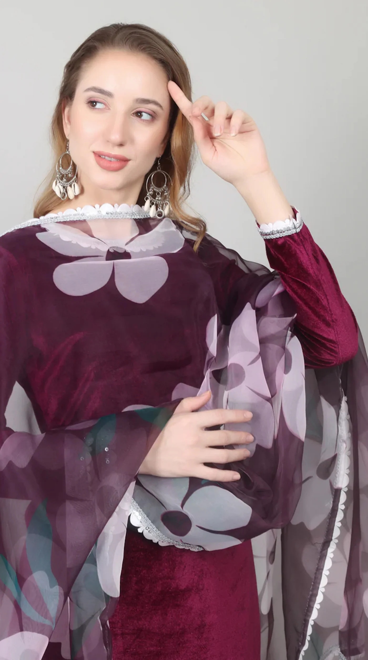 Wine Velvet Printed Dupatta Suit Set - Image 3