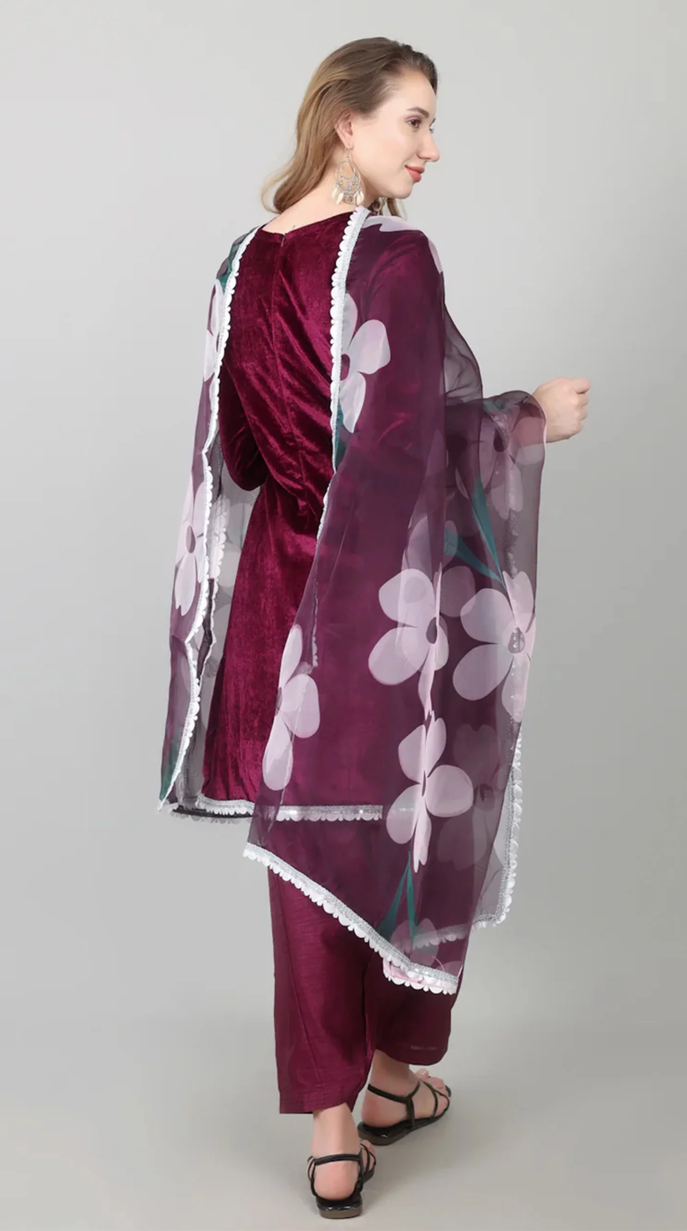 Wine Velvet Printed Dupatta Suit Set - Image 4