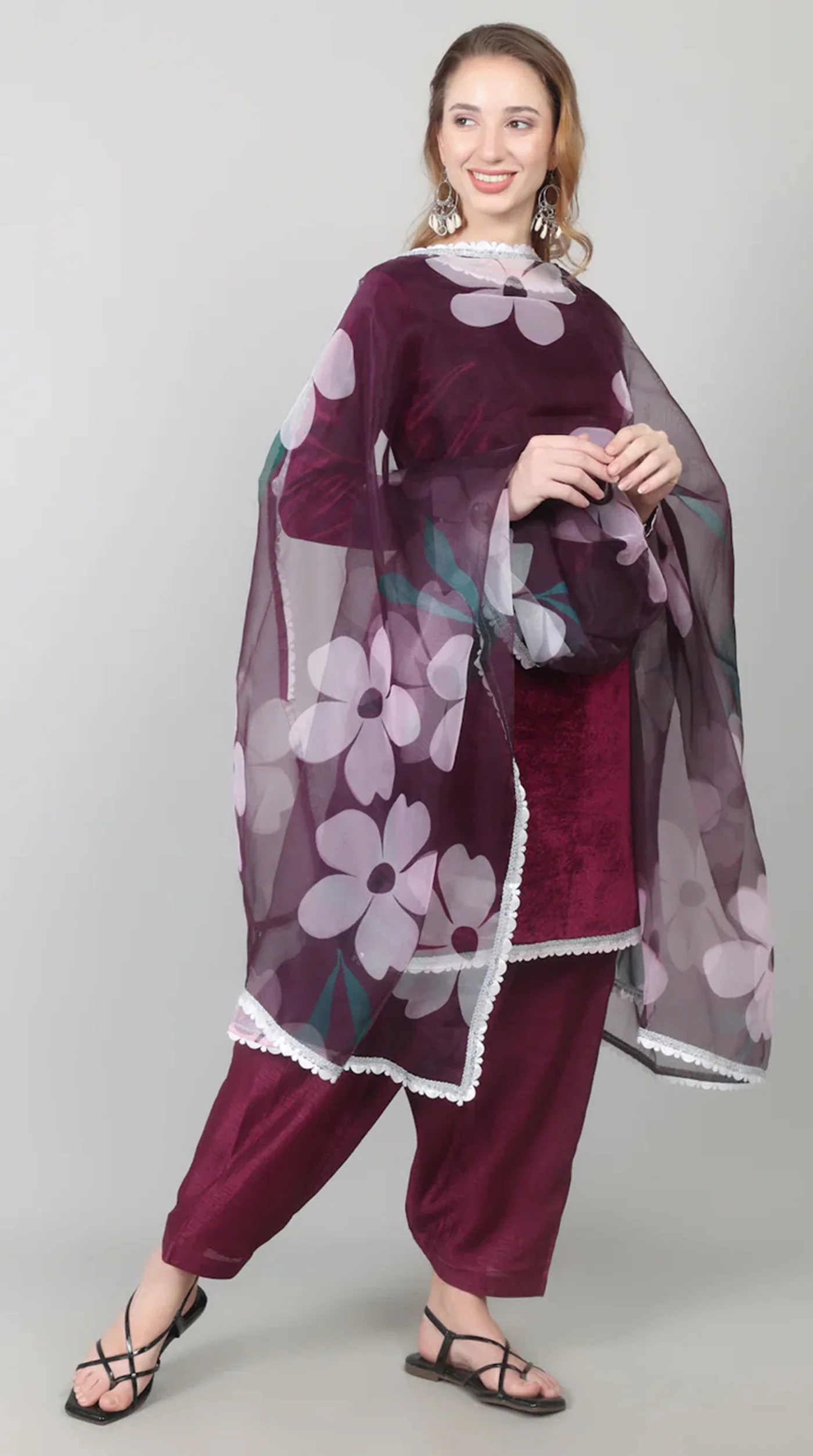 Wine Velvet Printed Dupatta Suit Set - Image 6