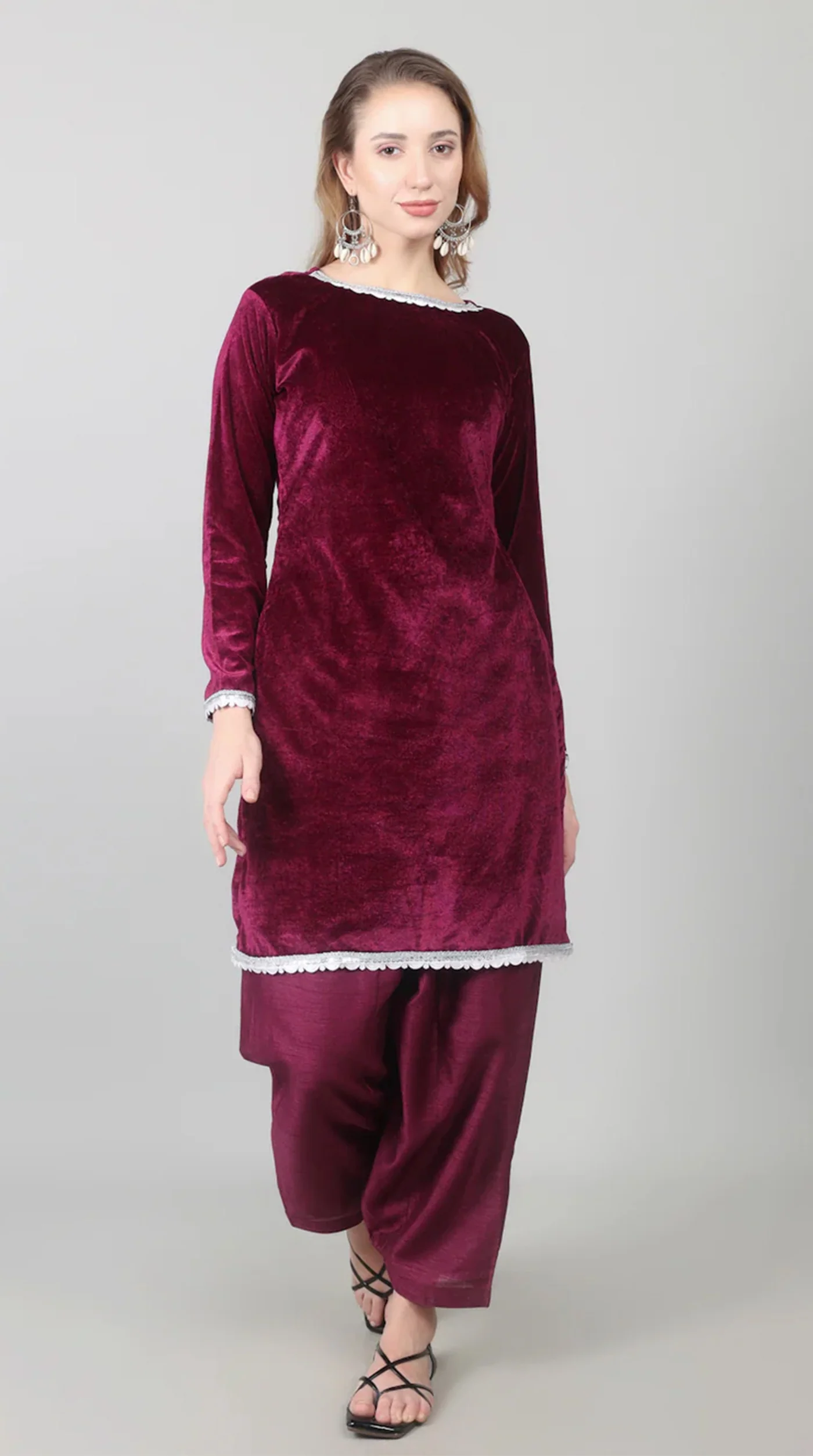 Wine Velvet Printed Dupatta Suit Set - Image 7