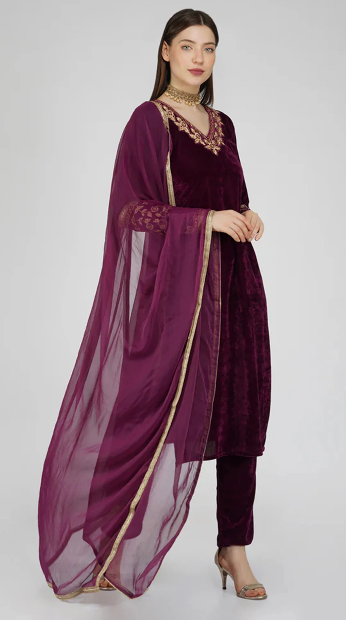 Wine Velvet Straight Cut Trouser Suit Set - Image 2
