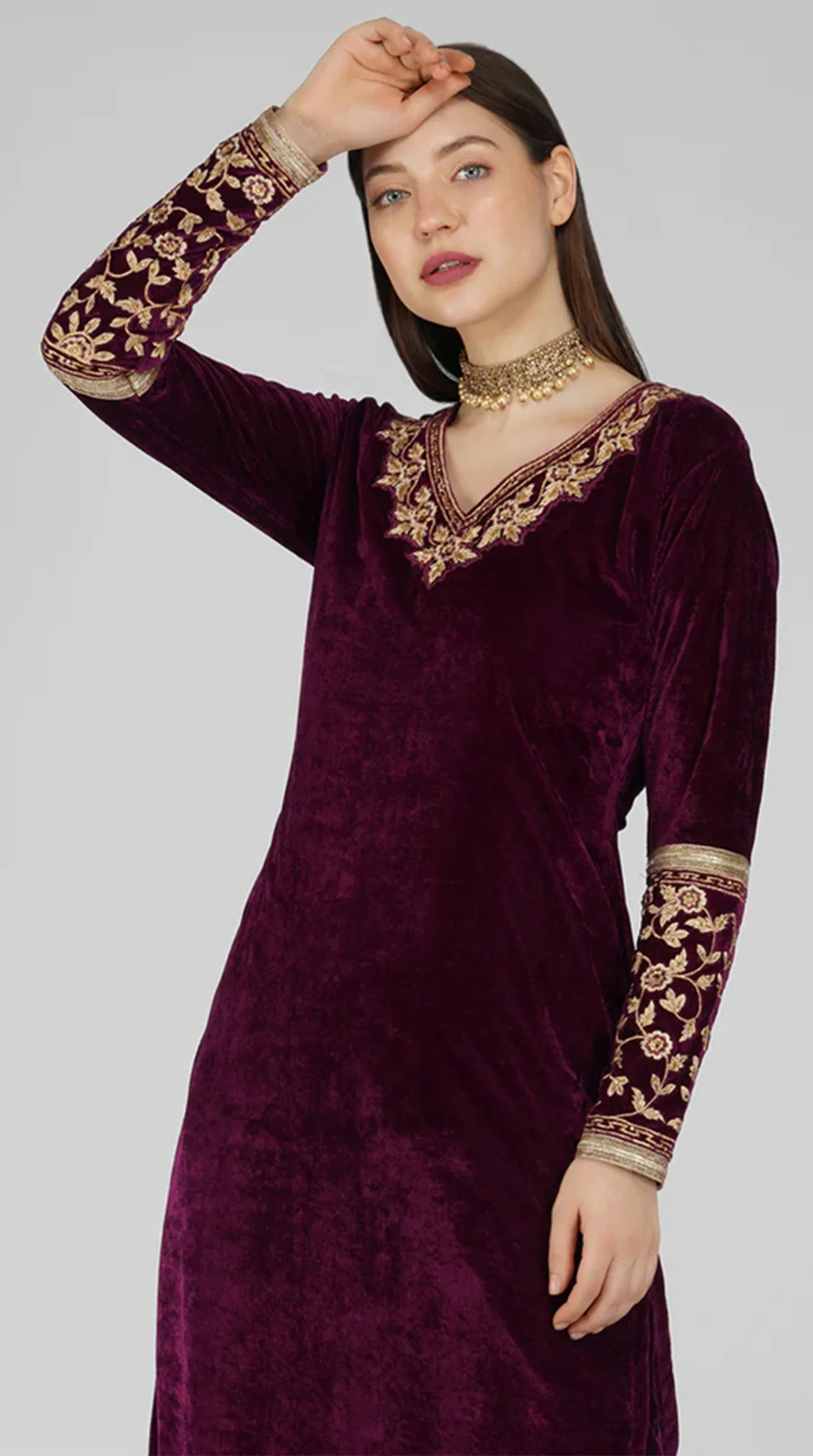 Wine Velvet Straight Cut Trouser Suit Set - Image 3