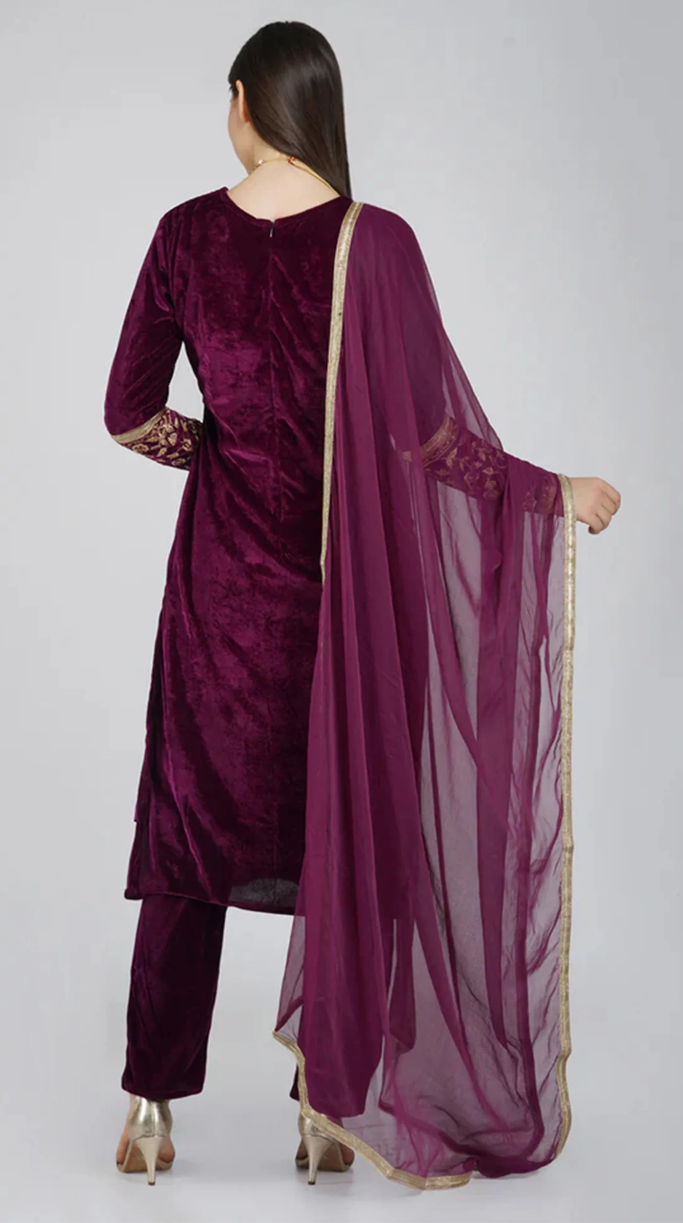 Wine Velvet Straight Cut Trouser Suit Set - Image 5