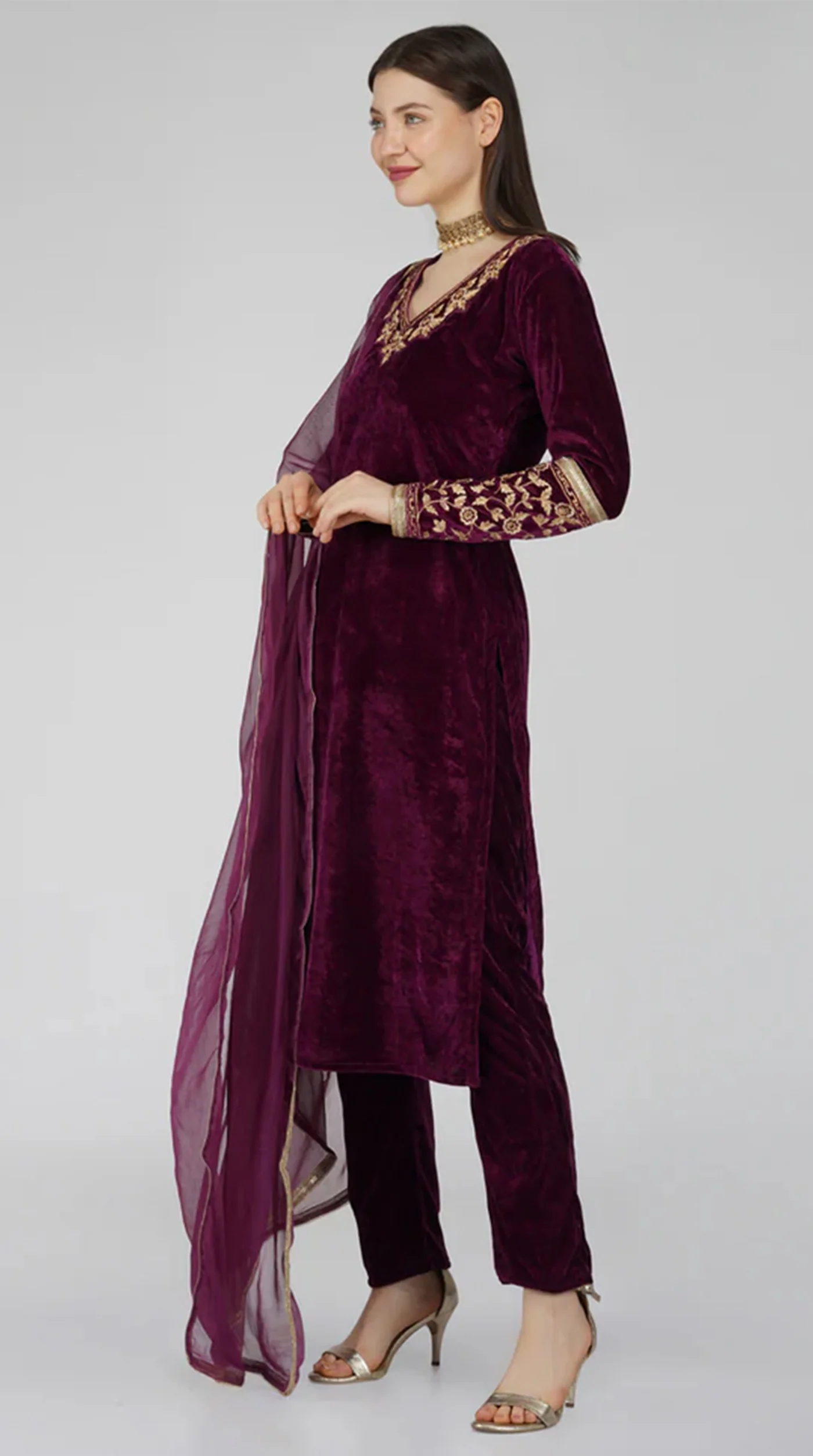 Wine Velvet Straight Cut Trouser Suit Set - Image 6