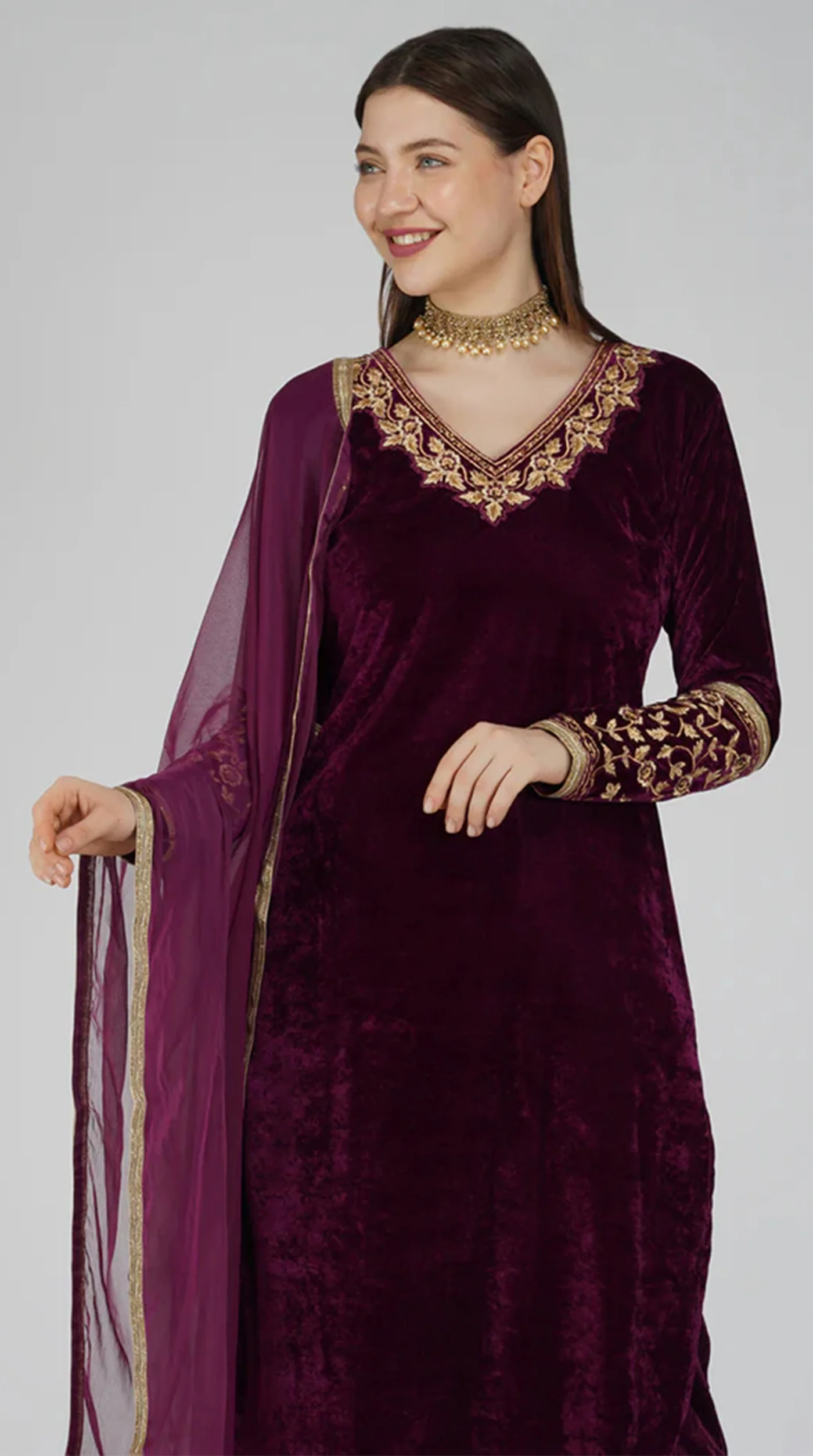 Wine Velvet Straight Cut Trouser Suit Set - Image 7