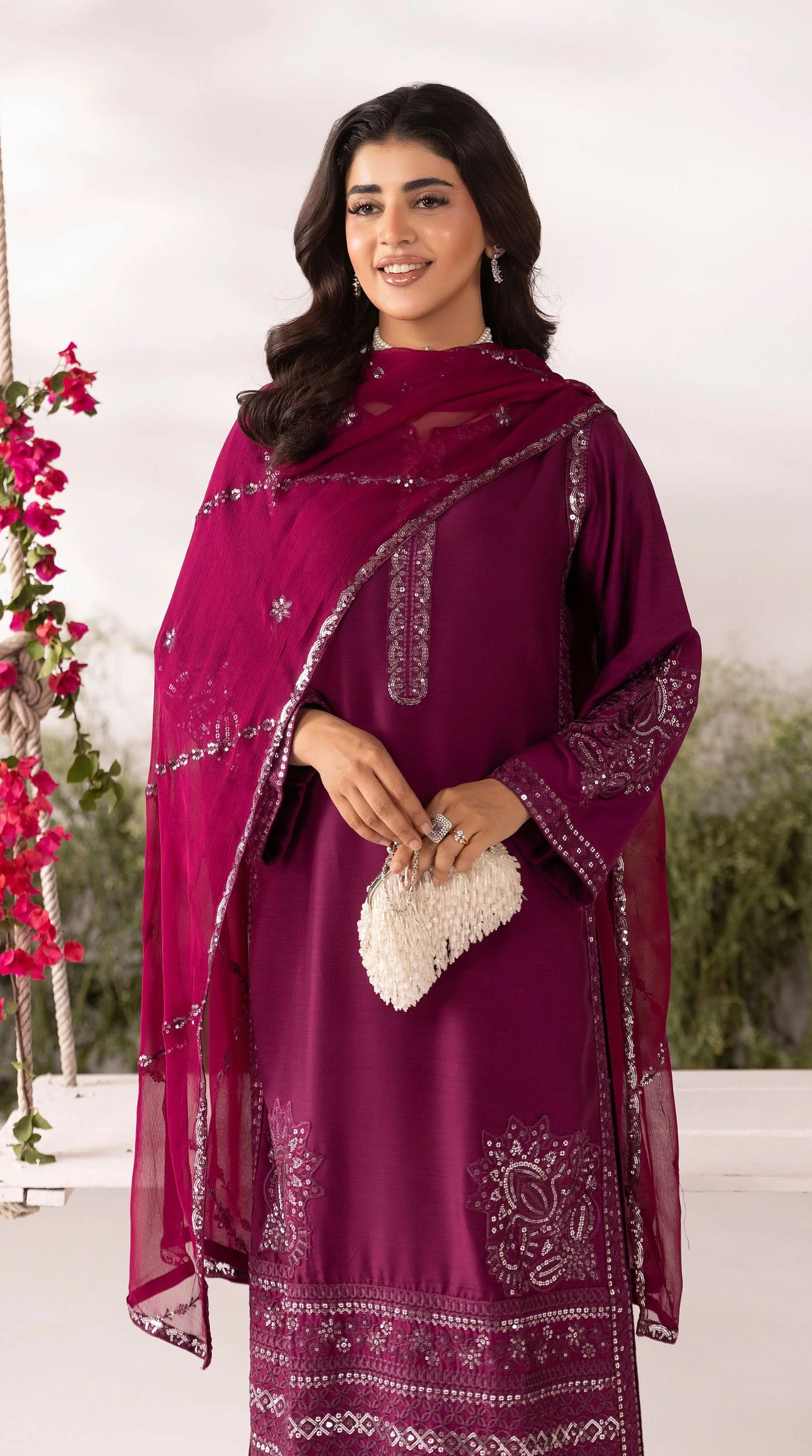 Wine Viscose Sequin Embroidered Kurta Palazzo Set - Image 3