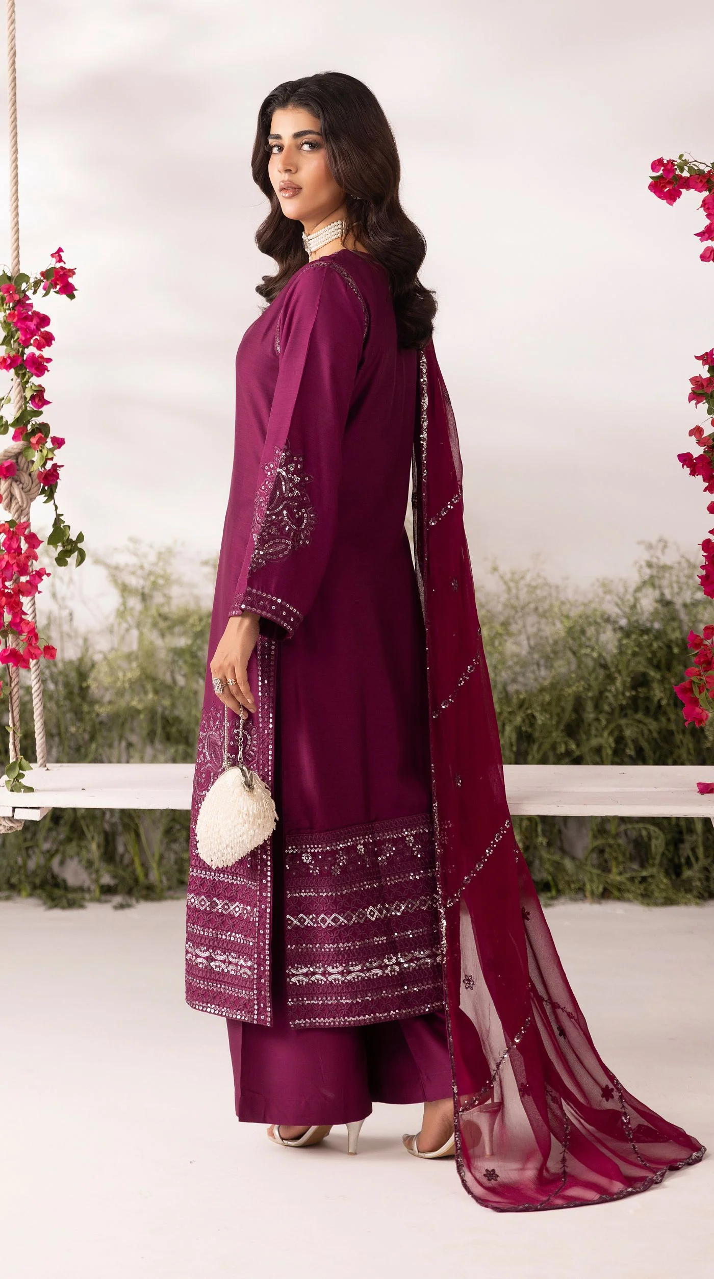 Wine Viscose Sequin Embroidered Kurta Palazzo Set - Image 4
