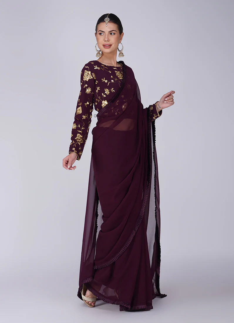 Wine Zari Embroidered Saree - Image 3